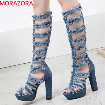 

MORAZORA 2020 hot sale knee high boots women denim summer boots high heels platform shoes hollow out punk prom boots female