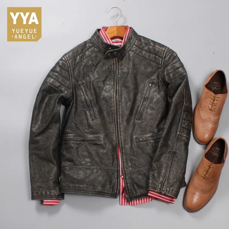 

Man Luxury Vintage Genuine Cow Leather Jackets Stand Collar Quality Cowhide Real Leather Coats Men Fashion Slim Zipper Overcoats