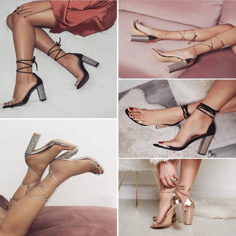 Women Sandals 2019 Fashion Sexy High Heels Transparent Shoes Crystal Classic Sandals Block Heels Ankle Strap Plus Size 34-43
