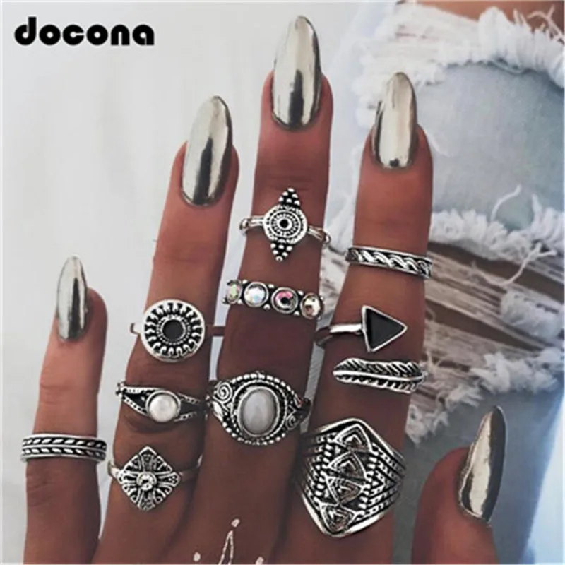 Docona 10 шт. винтажные серебряные геометрические горный хрусталь для средней фаланги пальца комплекты колец укладки палец женские ювелирные украшения 4846