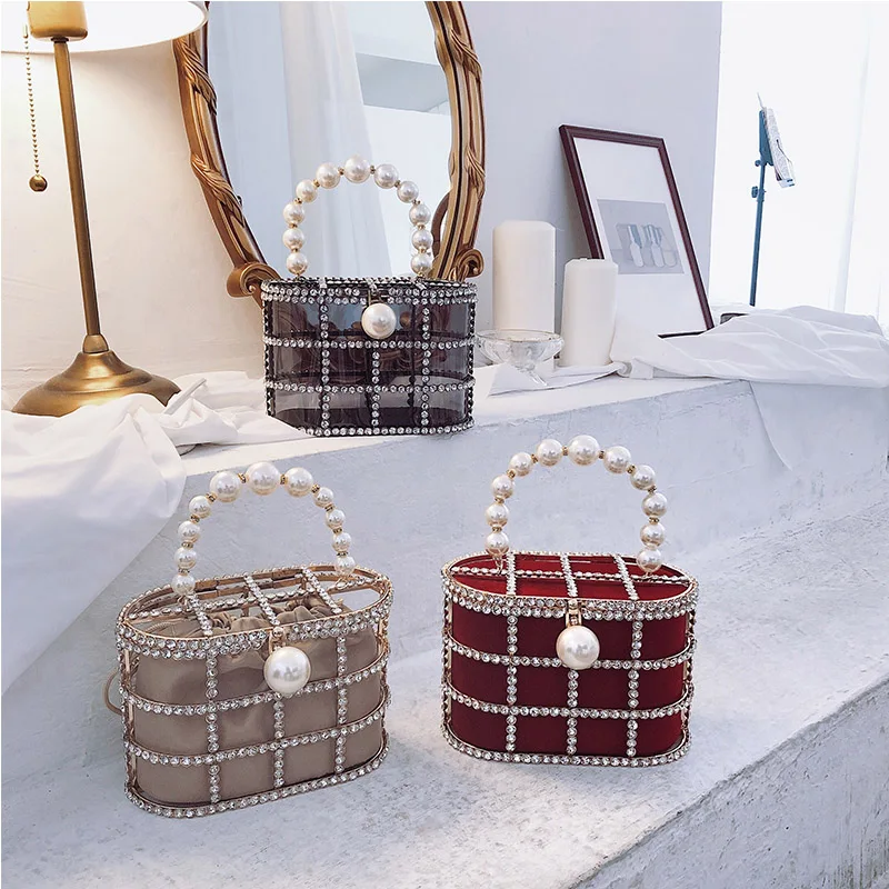 Billige Heißer Hohe Qualität Durchbrochene Korb Design Diamanten Perlen frauen Luxus Partei Handtaschen Abend Tasche Art Und Weise Totes Tasche Pouch Bosla