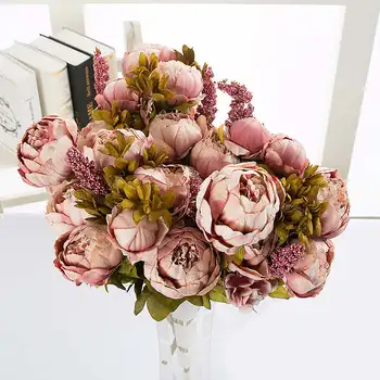 

Silk Peony Flower Artificial Flowers 13 Heads European Peony Fake Wedding Bride Bouquet indoor Home Party Decoration