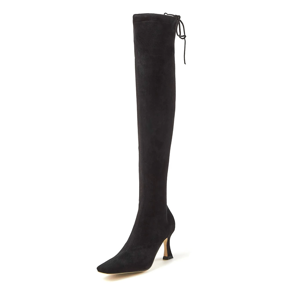 Большой размер 43; вечерние сапоги; женская обувь; Сапоги выше колена на молнии с квадратным носком на необычном высоком каблуке; женская обувь - Цвет: black no fur
