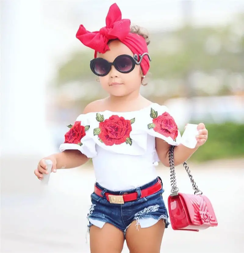 Модные топы с объемными цветами для маленьких девочек; джинсовые разогревающие штаны; комплект одежды