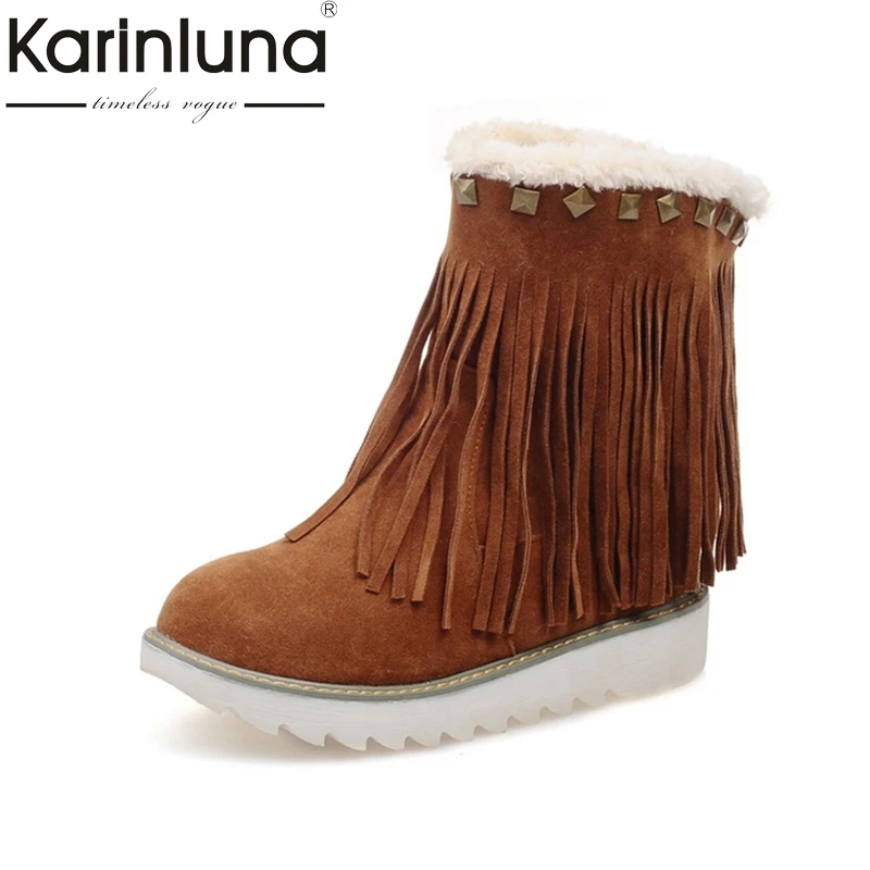 

KARINLUNA 2018 large size 33-43 Slip On rivets flat heel fringe Women Add Warm Fur Platform winter Shoes woman snow Boots plush