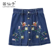 Lotusfairy embroidery above knee Mini jeans skirt Summer skirts short denim for girls summer A-line skirt for women 2017 fashion
