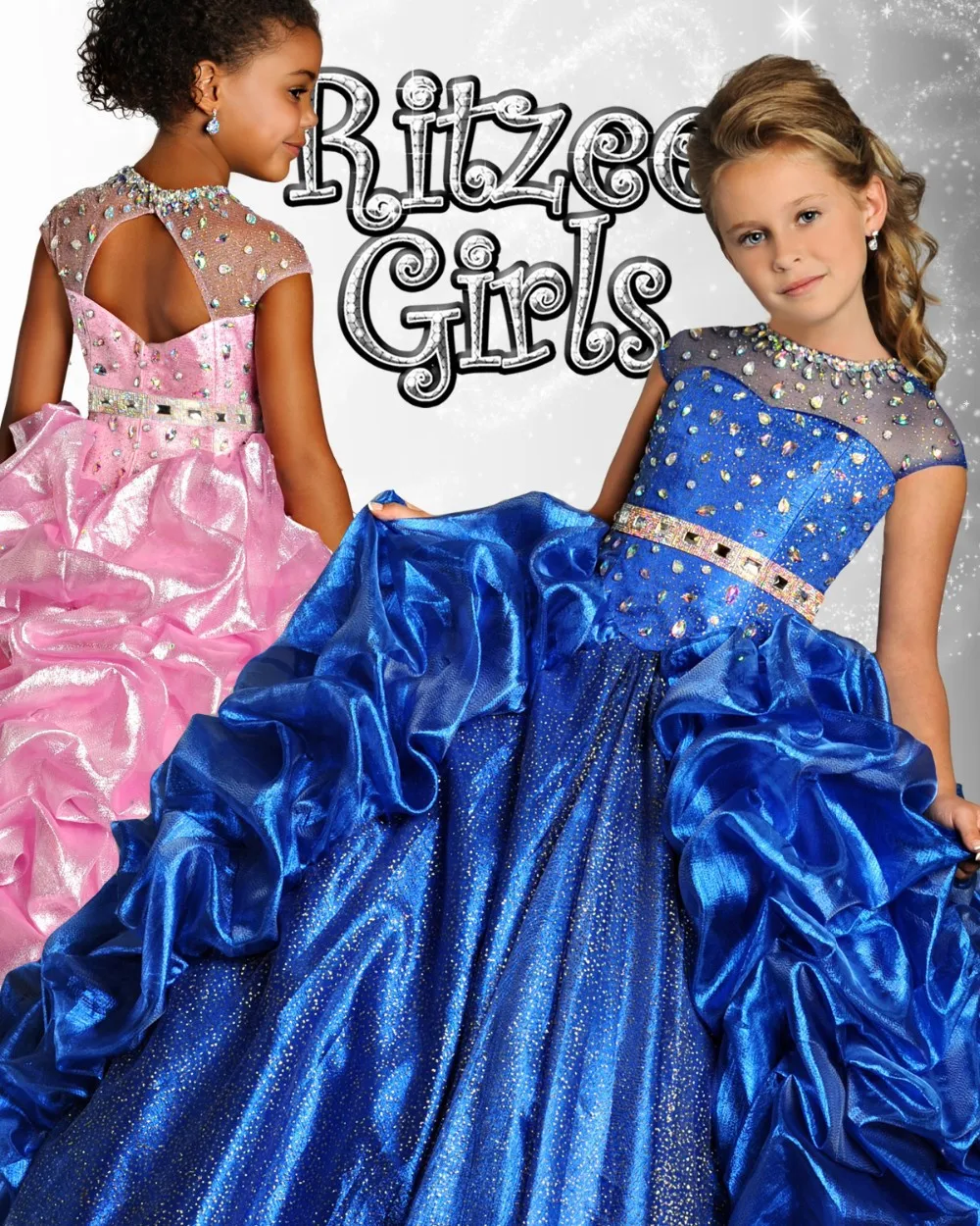 

Stunning Kids Pageant Dresses Rhinestone Beaded Glitz Organza Ruffles Sheer Open Back Ball Gowns Pick-ups for Little Flower Girl