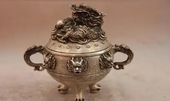 

China White Copper Silver Buddhism Temple Lucky 9 Dragon Incense Burner Censer