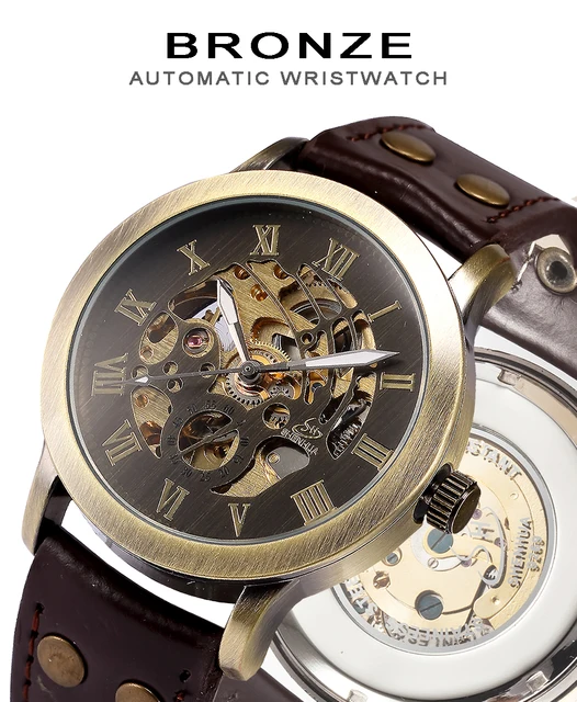 Watch Men Mechanical Automatic Watch Steampunk Skeleton Self Winding Mens Watches Retro Leather Wristwatch Clock montre homme -