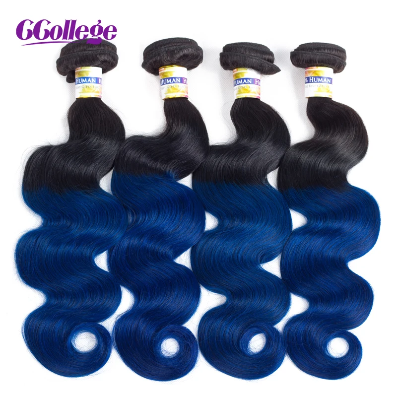 

CCollege Brazilian Body Wave 3 4 Bundles Ombre Human Hair Weave Two Tone Black Blue Color Bundles #T1B/Blue Machine Double Weft