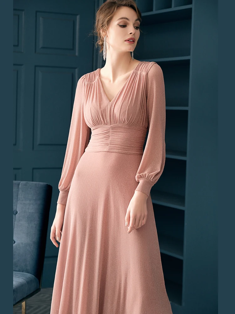 Zipipiyf, французские блестящие платья с v-образным вырезом, Драпированное, тонкое платье, офисное, женское, вязаное, рукав-фонарик, Vestidos OL, халат AB379