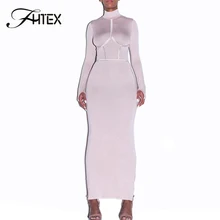FHTEX, одноцветное, с высоким воротом, с длинным рукавом, сексуальное, облегающее, длинное платье, для женщин, облегающее, хлопок, Повседневное платье, вечерние, карандаш, макси платье