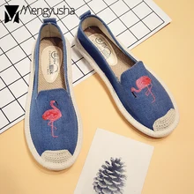 Известный дизайнер; женская джинсовая обувь в рыбацком стиле; льняная обувь на плоской подошве с вышивкой Фламинго; джинсовые эспадрильи; удобные мокасины без застежки; Мокасины