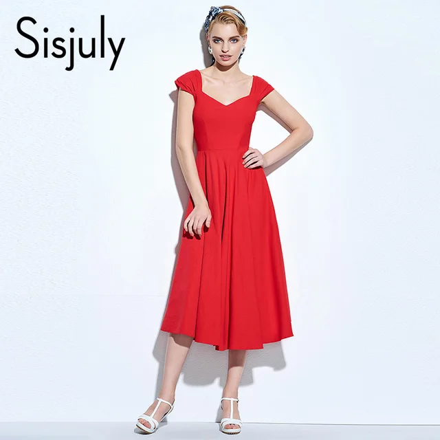 Sisjuly vintage dress 1950s classic a line retro party elegant women dresses summer v neck red