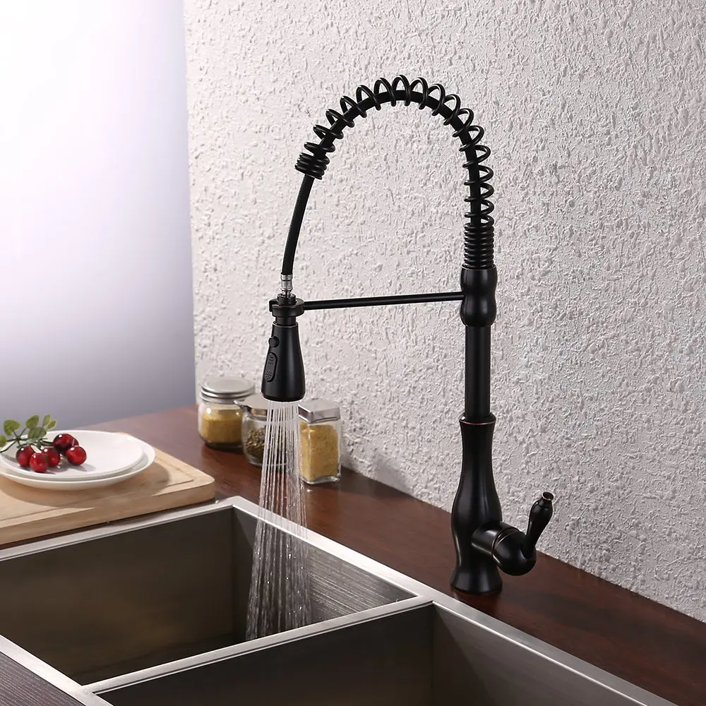 

Oil Rubbed Bronze Brass Singel Lever High Arc Pull Down Kitchen Faucet with Retractable Pull Out Wand Sprayer Head Swivel Spout