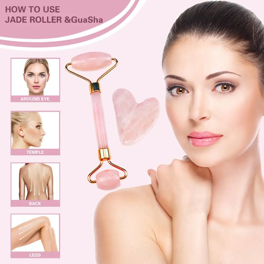 2in1Rose Quartz ролик массажер для похудения лица подъемный инструмент натуральный