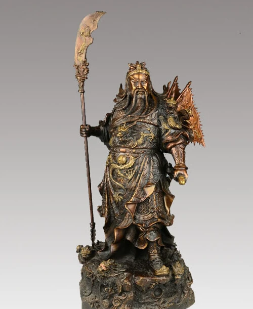 

24''China Bronze Guangong Hold Sword Dragon Statue 0713 (B0413)