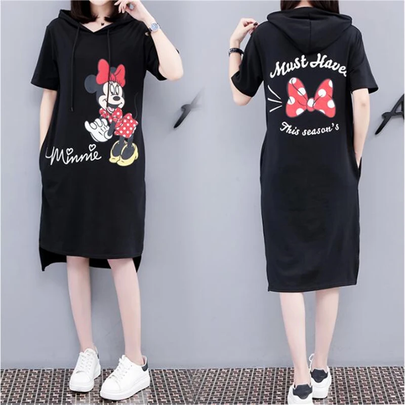

Women Mickey Minnie Summer Dresses Fashion Hooded Dress Loose Casual Black Cartoon Pocket Plus Size Dress Vestidos M-4XL