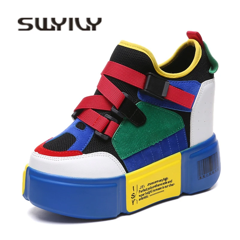 

SWYIVY Patchwork Color Sneakers Shoes Woman Wedge Buckle Slip On Female Casual Dad Shoes Platform Comfortable Lady Sneakers