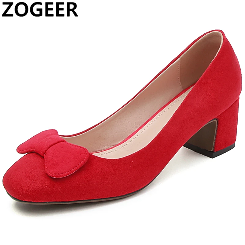 

2019 Quality Fashion Suede Leather Elegant Shoes Woman Square Low Heel Casual Women Pumps Sweet pink Wedding Office Ladies Shoes