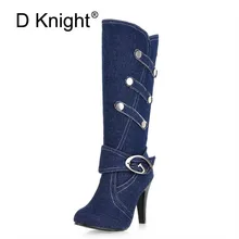 Plus size 32-43 Women Denim Knee High Boots High Heels Buckle Strap Metal decoration Pointed Toe Spike Heels Boot Shoes Woman цена Plus size 32-43 Women Denim Knee High Boots High Heels Buckle Strap Metal decoration Pointed Toe Spike Heels Boot Shoes Woman цены онлайн