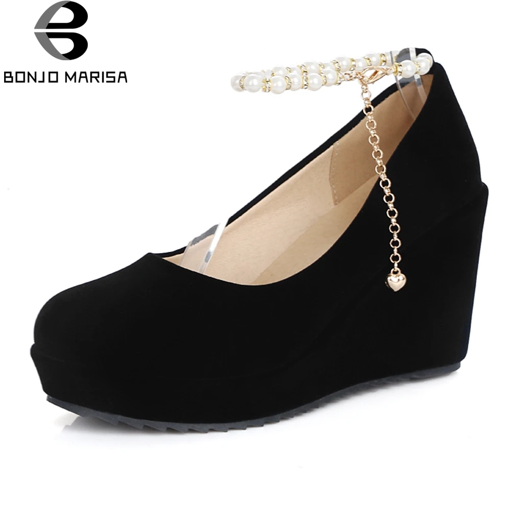 BONJOMARISA/осень-зима; Черный туфли-лодочки на платформе женская обувь с клиновидной платформой на высоком каблуке осень удобные Обувь на высоком каблуке обувь с жемчугом; женская Свадебная вечеринка