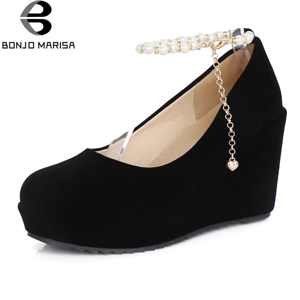 

BONJOMARISA black platform pumps women wedges autumn 2019 comfortable high heels pearl shoes woman wedding party