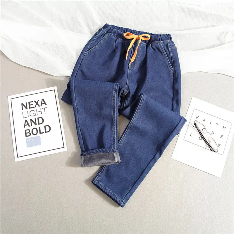 Зимние вельветовые Теплые джинсы размера плюс 5XL, женские джинсы с высокой талией и завязками, джинсовые длинные штаны, винтажные Женские джинсы-шаровары 1648 - Цвет: blue plus velvet