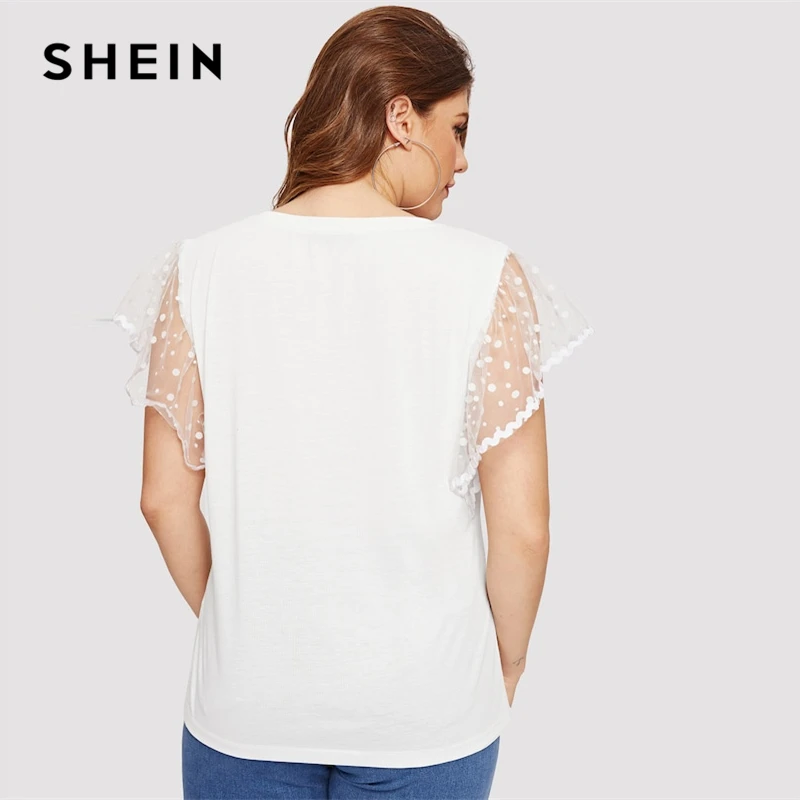 SHEIN زائد حجم الأبيض التباين شبكة الصلبة نقطة شير فراشة كم أعلى المحملات الصيف المرأة قصيرة الأكمام عارضة القمصان
