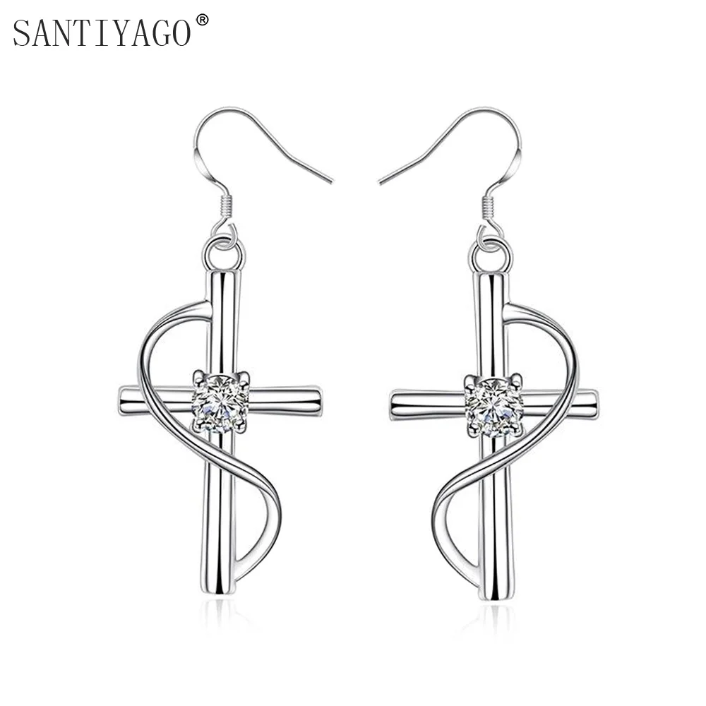 Party Jewelry Dress Earring Silver Plating Cross Drop with Zircon for Women Dangle Earrings | Украшения и аксессуары