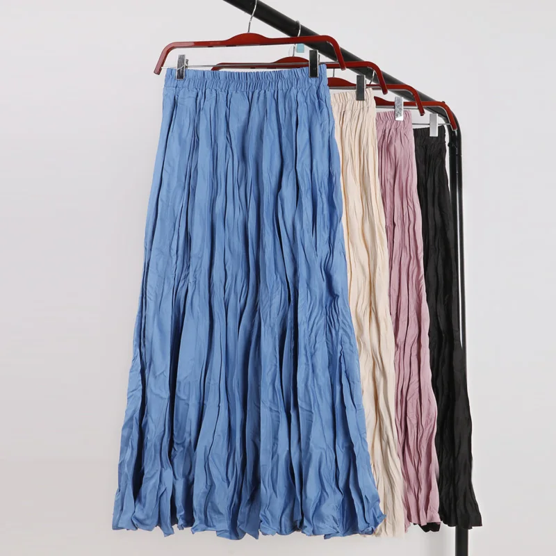 Новинка весны, высокая талия, тонкая Ретро плиссированная юбка средней длины, однотонная трапециевидная Милая Юбка-миди феи, белый, черный, розовый, синий