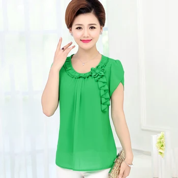 

New Fashion Summer Mother Clothing Chiffon Shirts Women Short-Sleeve Tops Plus Size Pleated Loose Sweet Blouse Blusas Feminina