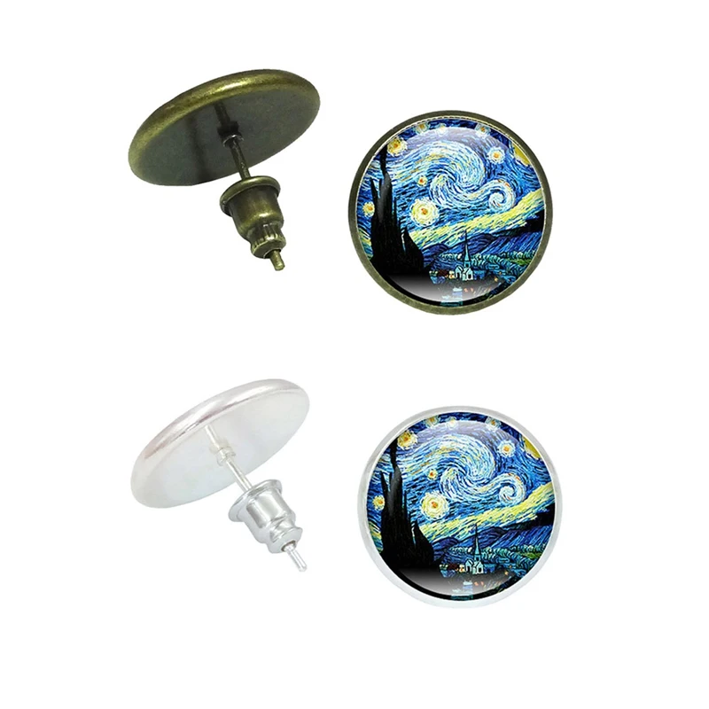 

2018 New Fashion Style 1 Pair Natural Scenery Oil Painting Glass Ear Nail For Women Birthday Gifts Retro Style Earrings