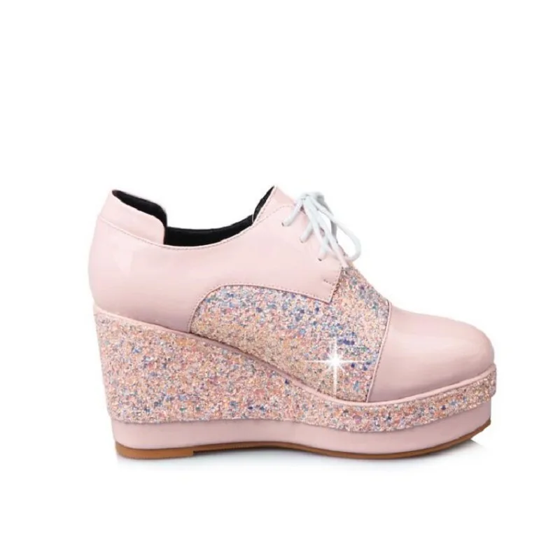 32 ~ 48 Bling Sequined тканевые туфли 2019 клинья черный розовый обувь на платформе женская
