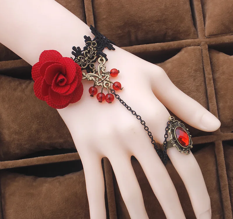Готический Браслет красная роза кружево палец наручная цепочка с подвеской женский браслет Металлический Кристалл Шарм стимпанк леди старинные ювелирные изделия, TCN611