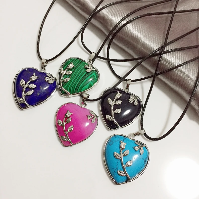 

2019 Natural Gem Stone Pendant Necklace Flower Leaf Healing Real Amethysts Quartz Pendant Choker Heart Necklaces for Women Lover