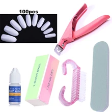 100 шт Акриловые наконечники для ногтей и ногти с резательным инструментом и клеем пленка для полировки Наборы инструментов Искусственные Поддельные наконечники полное покрытие для ногтей