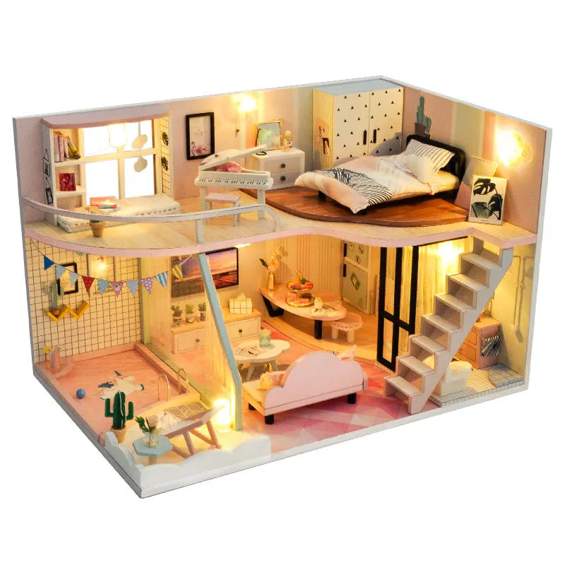 

Miniature Pink Loft Wooden Dollhouse Puzzle Furniture Kits Garden Piano DIY Dolls House LED Lights Kids Christmas Birthday Gift