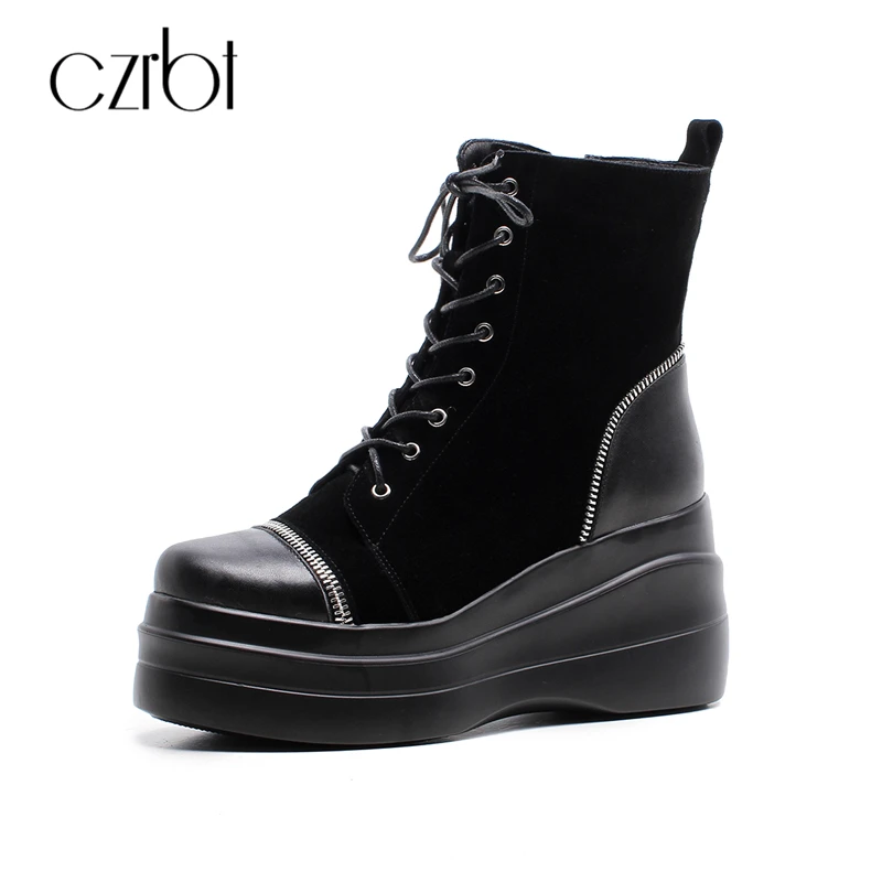 

CZRBT Fashion Women Boots Autumn Winter Genuine Leather Boots Women Cow Suede Leather Wedges Heel Cross-tied Black Boots 34-39