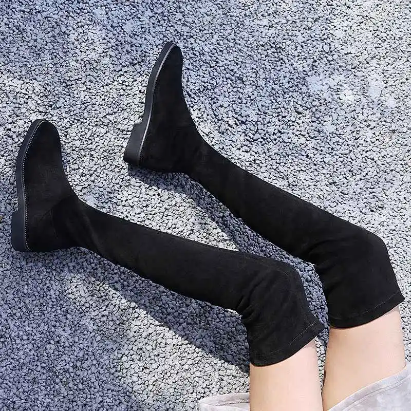 Krazing Pot/модные высокие сапоги до бедра из флока Уличная обувь в восточном стиле на среднем каблуке со стразами; эластичные ботфорты; L55 - Цвет: Черный