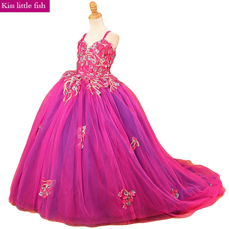 Розовое красное Пышное Платье для девочек, платье для свадьбы вечеринки