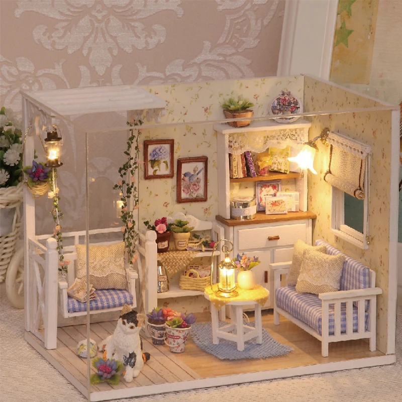 Nuevos Kits de BRICOLAJE casa de Muñecas de Madera Muebles en miniatura con LED + Muebles + Muñeca cubierta habación H13