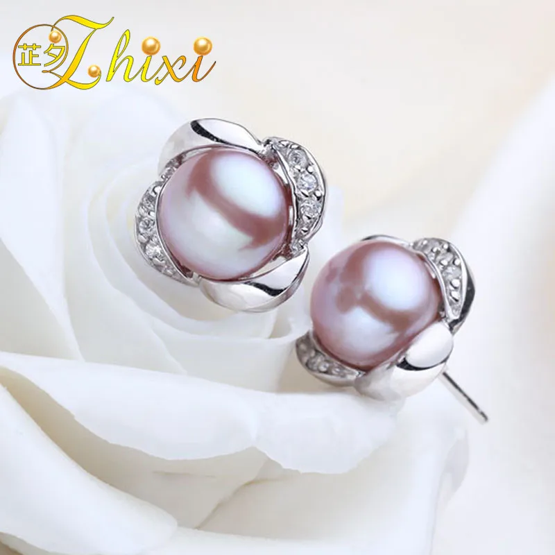 

ZHIXI Pearl Earrings For Women Fine Jewelry 8-9mm Natural Pearl Stud Earrings Trendy Engagement Gift For Love Flower E062