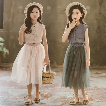

fashion 2019 girls clothing sets summer t-shirts + skirt 2 pcs children suits teenage girls clothing 6 8 10 12 14 Years beach