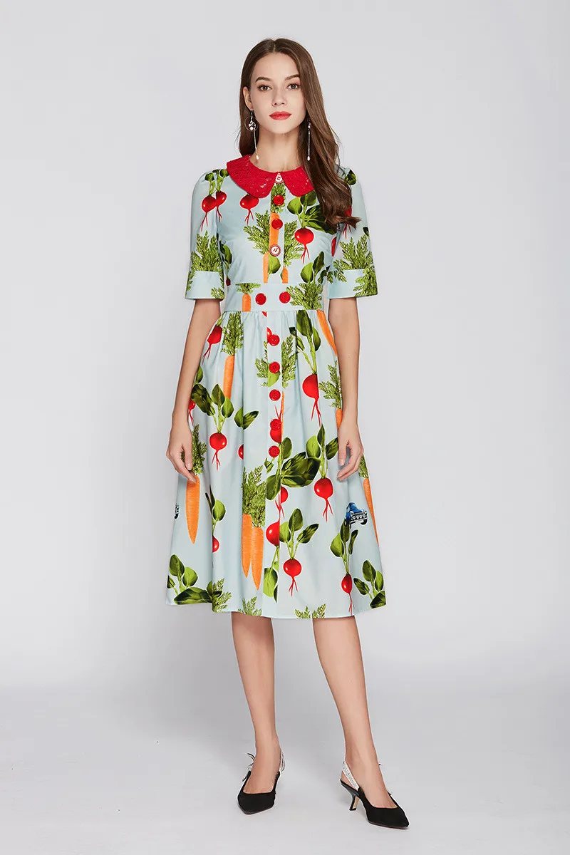 

Fashion print peter pan collar dress 2018 summer runway slim fit elegant dress D257