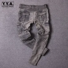 Роскошные байкерские штаны из натуральной воловьей кожи с несколькими карманами, винтажные длинные штаны для сафари, кожаные панковские брюки размера плюс