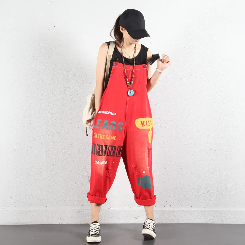 

Purple/Red/Black Wide Leg Bib Denim Overalls Women Printed letterJumpsuits oversized hole ripped baggy jeans Cowboy Bodysuits