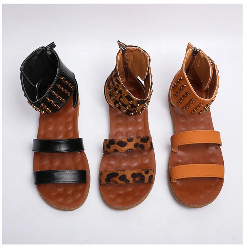 AARDIMI/Летние повседневные женские сандалии на плоской подошве; модные сандалии-гладиаторы на молнии с леопардовым принтом; zapatillas mujer
