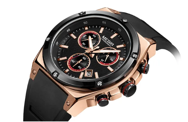 Megir Men Black Silicone Sports Quartz Wrist Watches Luminous 