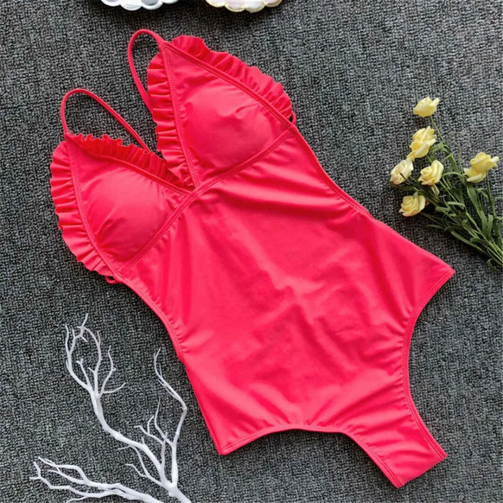 Сексуальный цельный купальник с оборками и открытой спиной, женская одежда для плавания, женский купальный костюм, купальный костюм с v-образным вырезом, одежда для плавания, монокини для женщин V1004